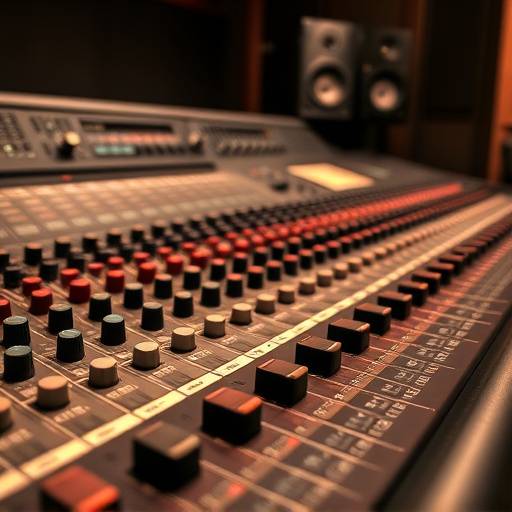 Studio recording console with multiple faders and knobs